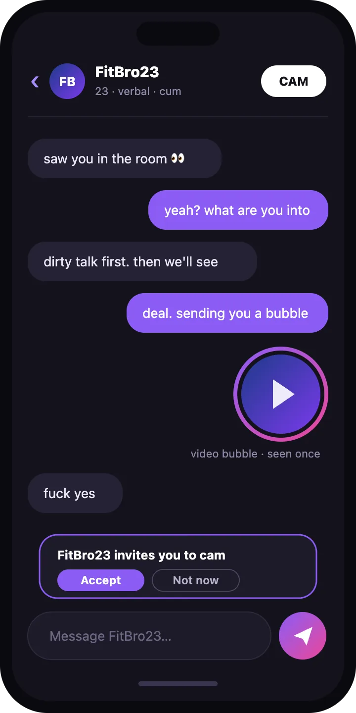 Private 1-on-1 gay sex chat with a video bubble and a cam invite