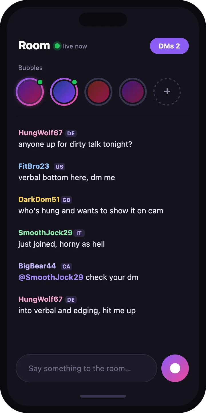 Gay sex chat room on Jerkloop: guys online posting messages and video bubbles on a phone